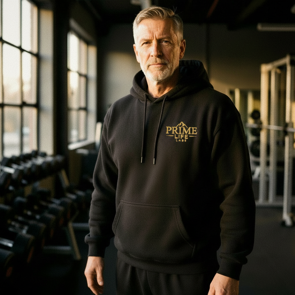 Hoodie worn — dumbbells